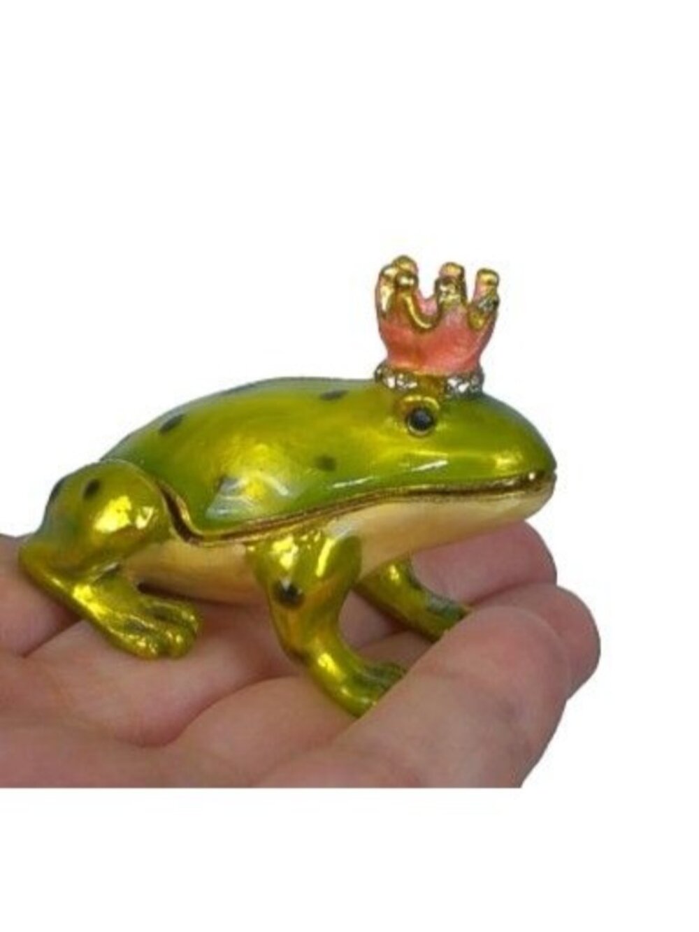 Vintage Crystal Enameled Frog Prince Trinket Box Hinged Metal Crown Pill Case 2"